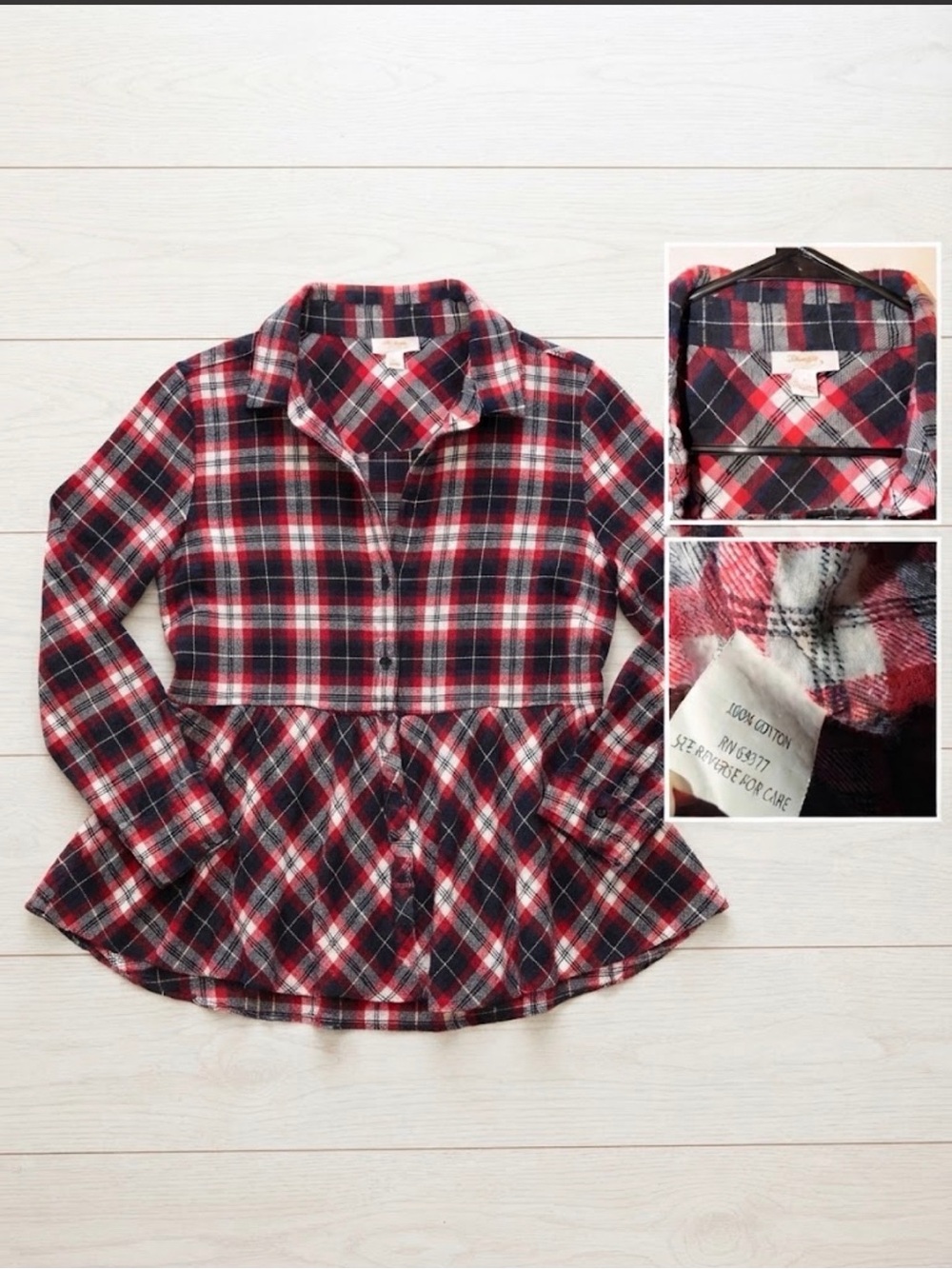 Wrangler Women's Plaid Peplum Button-Front Shirt - Red/Navy/White